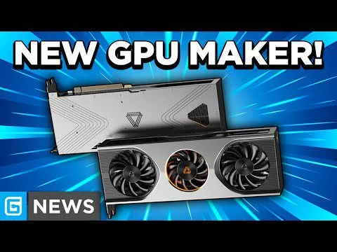 Progressive Robot graphic of two GPUs on a blue background with large text reading NEW GPU MAKER! and G NEWS logo