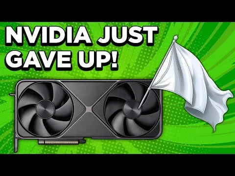 Progressive Robot graphic of an NVIDIA GPU with a white surrender flag and the text NVIDIA JUST GAVE UP!