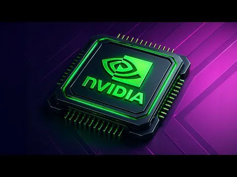 Progressive Robot graphic of an NVIDIA chip glowing green on a purple circuit board background