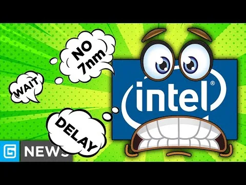 Progressive Robot graphic with an anxious cartoon Intel logo face and speech bubbles reading Wait, No 7nm, and Delay.