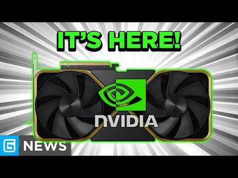 Progressive Robot graphic showing an NVIDIA dual-fan GPU with bold text ITS HERE! and a small G NEWS label.