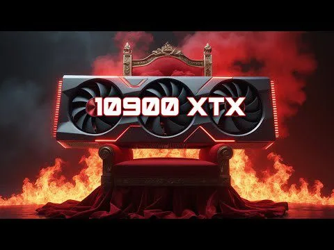 Progressive Robot graphic of a 10900 XTX triple-fan GPU displayed like a throne above flames and red smoke