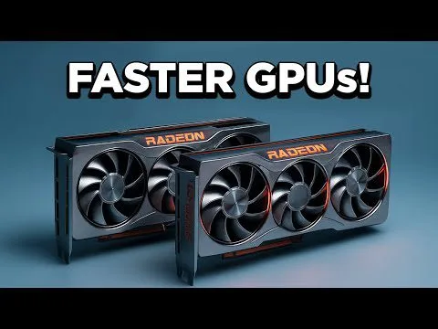 Progressive Robot graphic of two Radeon GPUs with large fans under the headline "FASTER GPUs!"