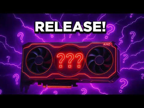 Progressive Robot graphic of a mystery AMD-style GPU with question marks, purple lightning background, and the text RELEASE!