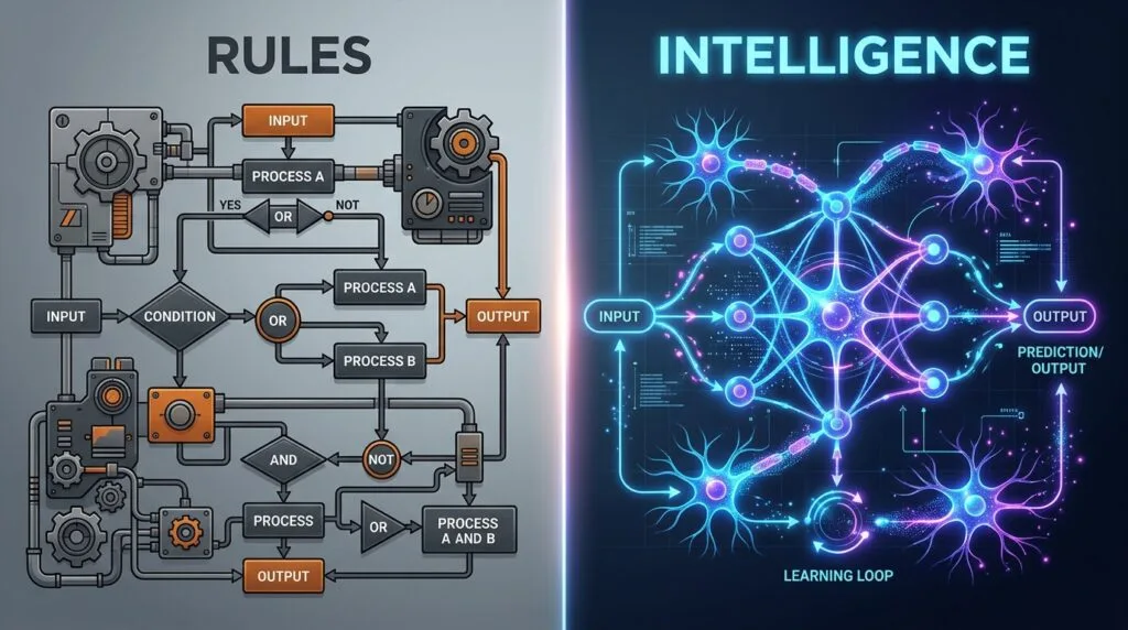OpenClaw vs Traditional Automation Tools: The Complete 2026 Comparison Guide 10 “High-contrast split-screen tech illustration comparing two automation architectures. Left side labeled ‘Rules’: rigid flowcharts, decision trees, logic gates, and mechanical-style components arranged in strict linear paths; color palette muted grays and industrial orange. Right side labeled ‘Intelligence’: dynamic AI neural-network nodes, adaptive glowing connections, holographic data flows, and fluid shapes representing learning and autonomy; color palette neon blues and purples. Center divider glowing softly to emphasize contrast. Clean minimal background with subtle gradient. Modern tech editorial style, sharp edges, vibrant lighting, 16:9 aspect ratio.”