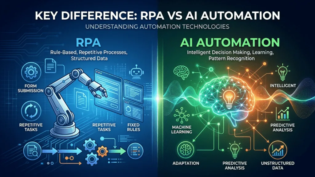 AI-POWERED AUTOMATION IN ENTERPRISE IT SOLUTIONS: THE 2026 COMPLETE GUIDE 11 KEY DIFFERENCE: RPA VS AI AUTOMATION