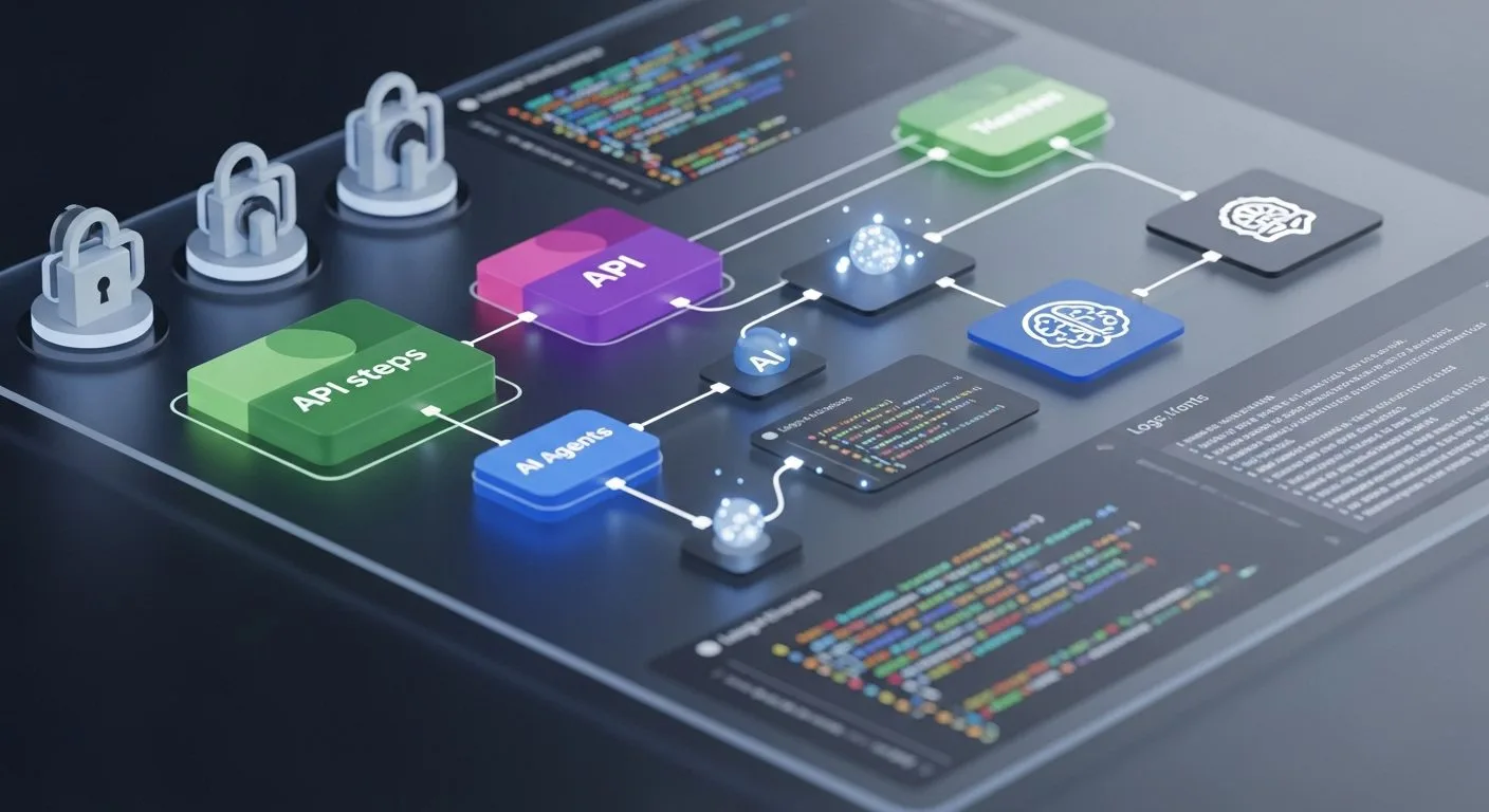 What is n8n shown as a technical workflow automation platform with visual flows, code steps, integrations, AI agents, and self-hosted control