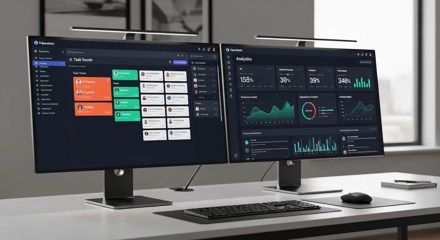 How to set up SuperAGI in an AI operations dashboard with multiple agent panels, task cards, and analytics screens on a modern workstation