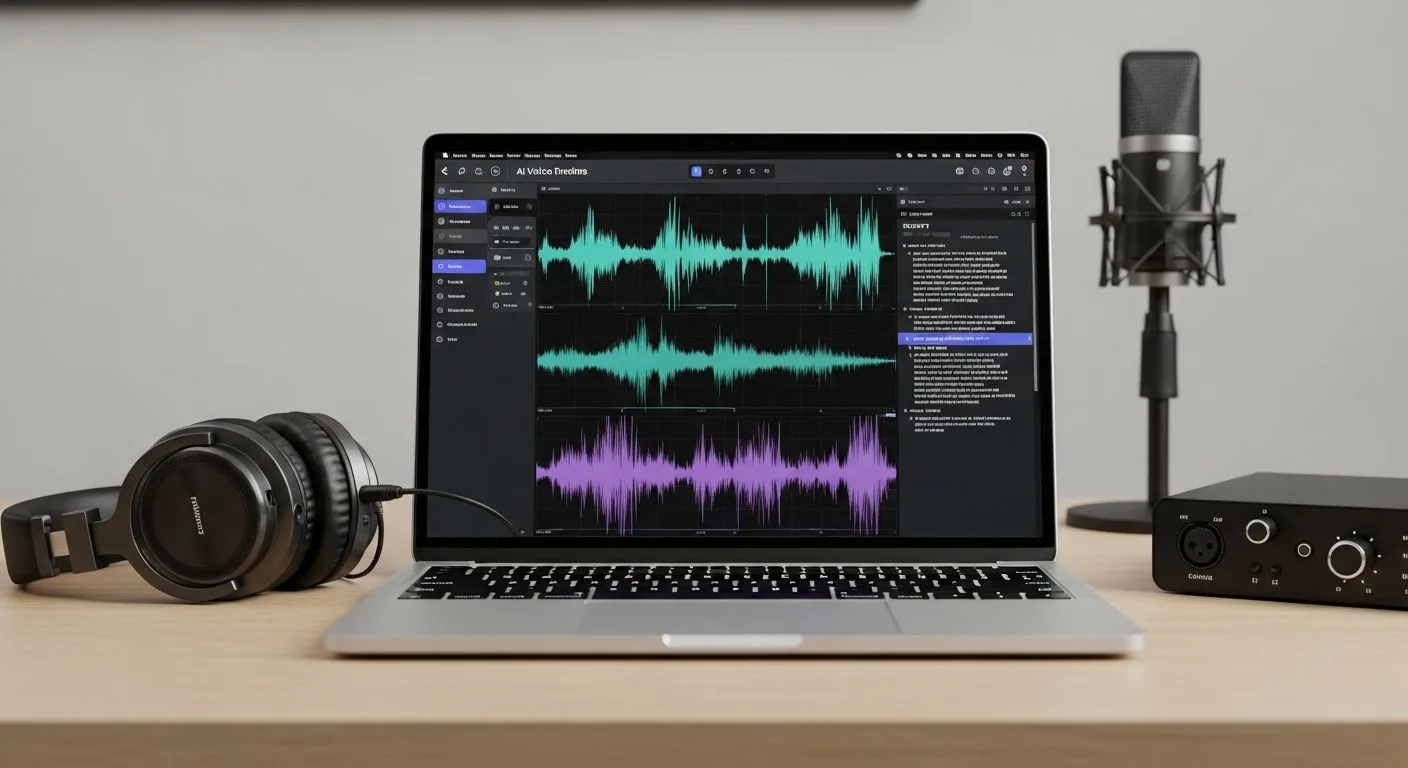 How to set up ElevenLabs in a modern audio workspace with AI voice generation tools, script editing, and headphones on a clean desk