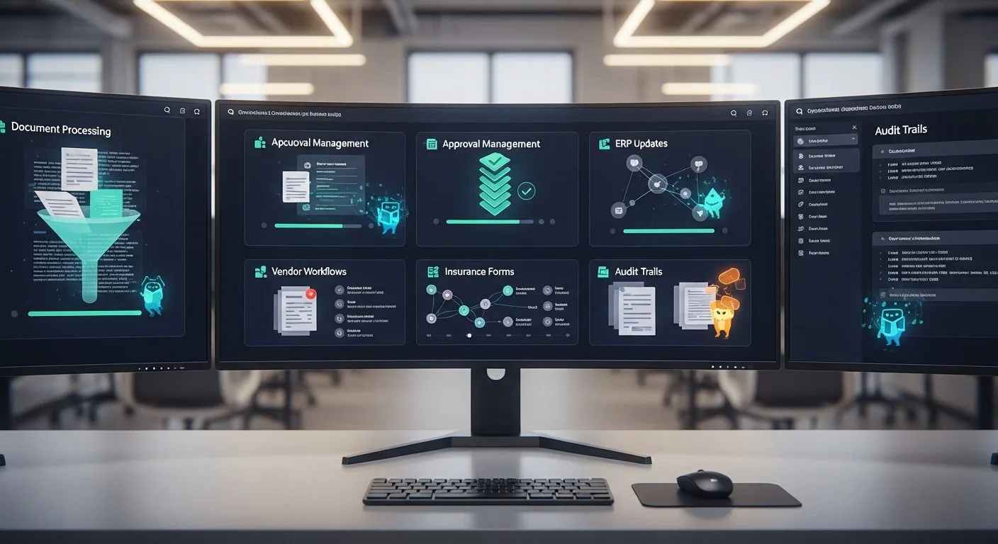 What is Komo shown as an AI operations platform automating procurement, insurance, documents, approvals, and enterprise workflow execution