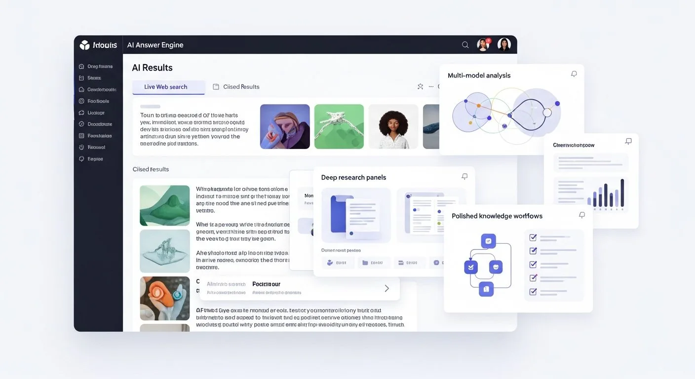 What is Perplexity shown as an AI answer engine combining live web search, citations, multiple models, and deep research workflows