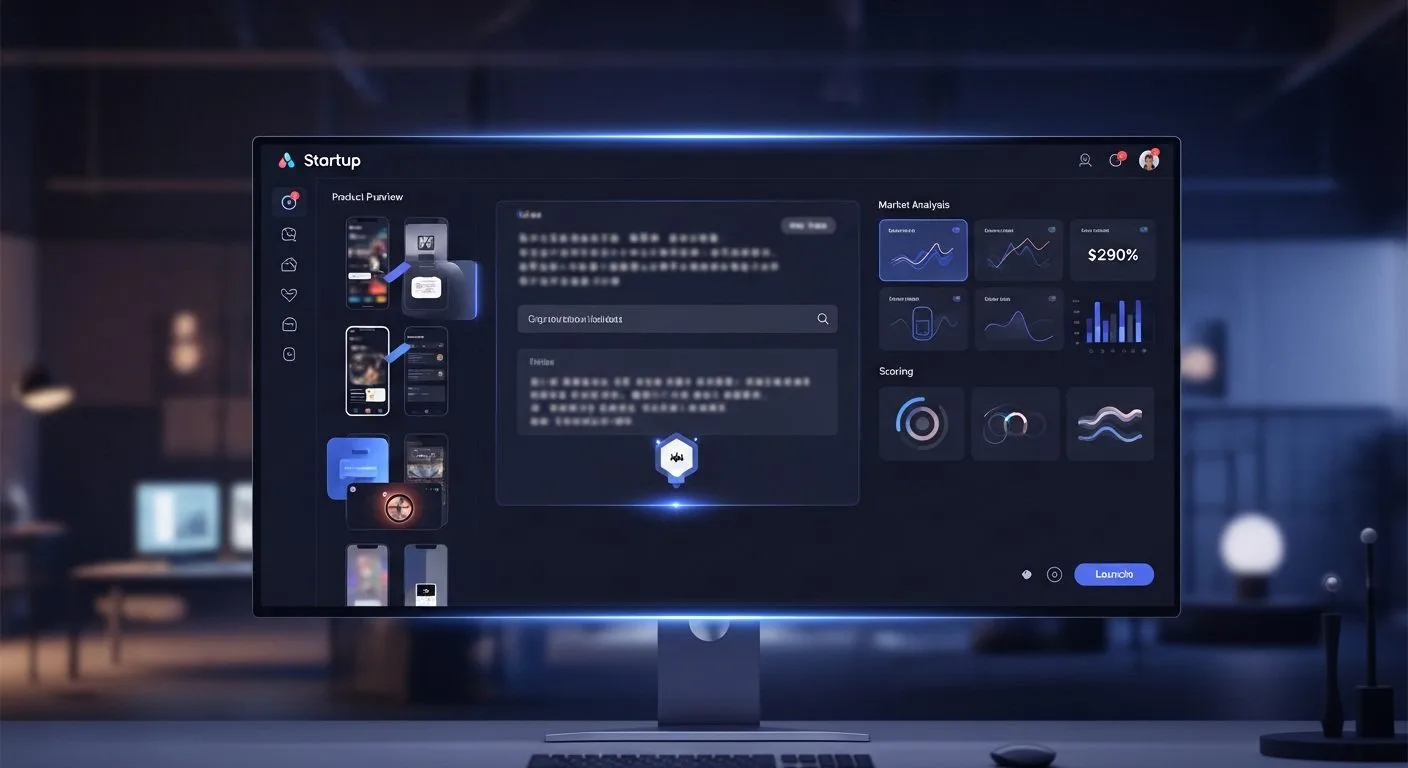 What is Startup.ai shown as an AI-powered startup builder with prompt-driven idea generation, market analysis, product previews, and launch-ready concept screens