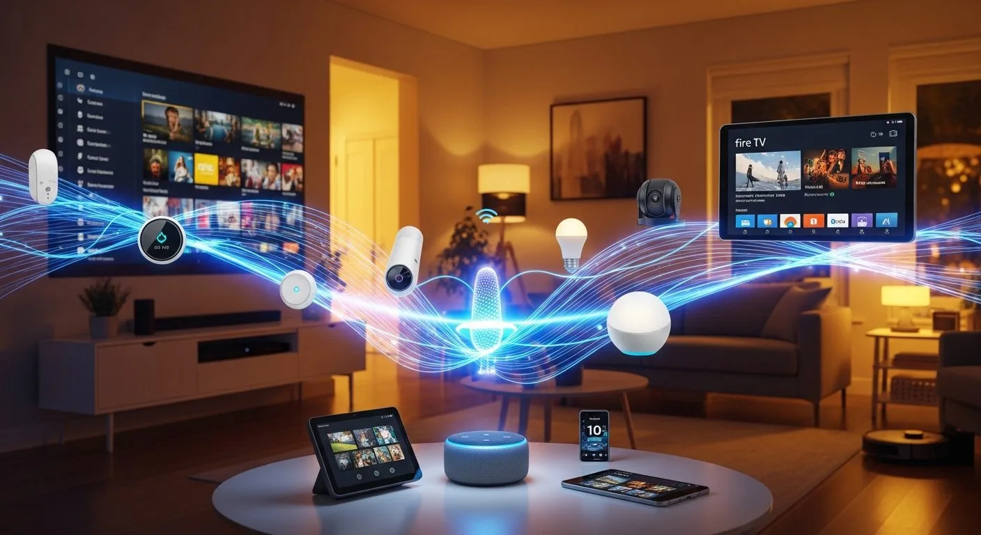 What is Amazon Alexa shown across Echo speakers, Fire TV, tablets, mobile app, and smart home devices in Amazon's evolving Alexa and Alexa+ ecosystem