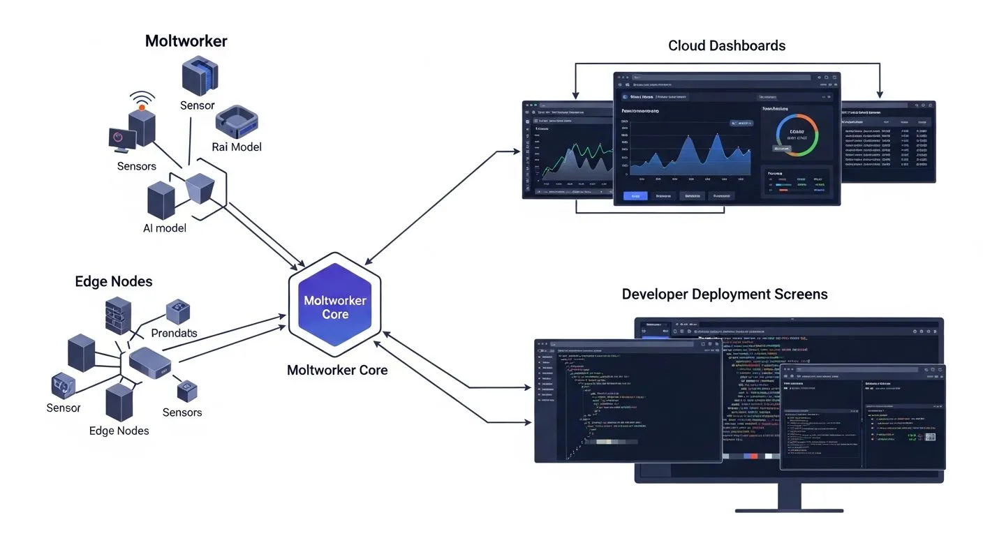 A cloud-native AI deployment scene with edge network nodes, serverless workflow panels, storage and gateway visuals, developer laptop open to infrastructure setup screens, sleek modern data-cloud aesthetic, realistic editorial technology illustration style, no readable text or logos, 16:9 featured blog image
