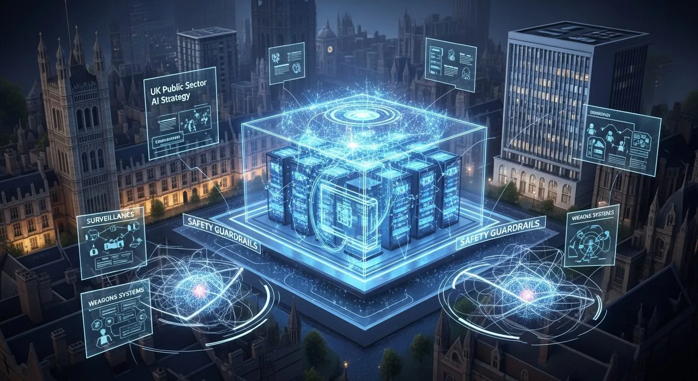 Anthropic UK expansion shown as a frontier AI company balancing public-sector deployment, government trust, and guardrails on weapons and surveillance