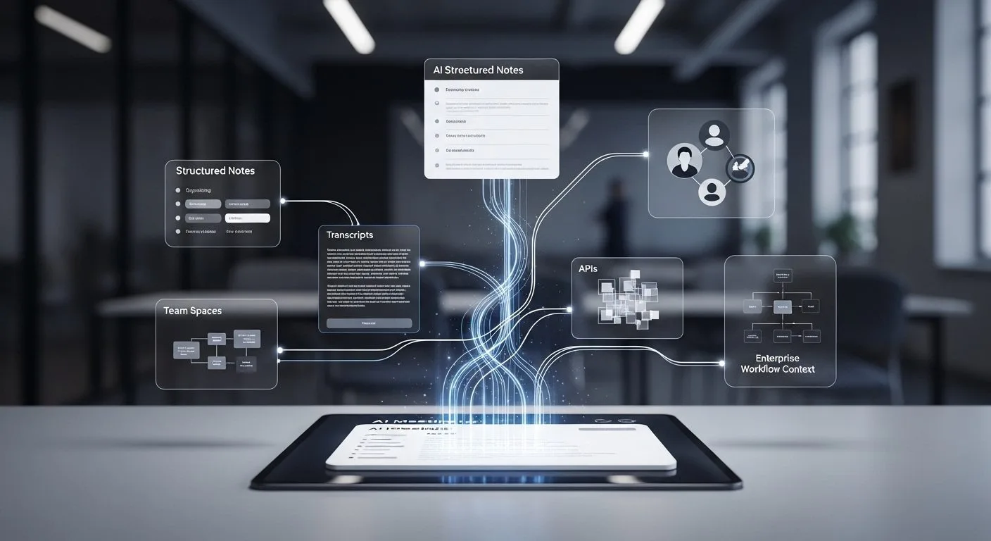 Granola AI shown as an AI notepad turning meetings, transcripts, notes, and team context into reusable workflow intelligence