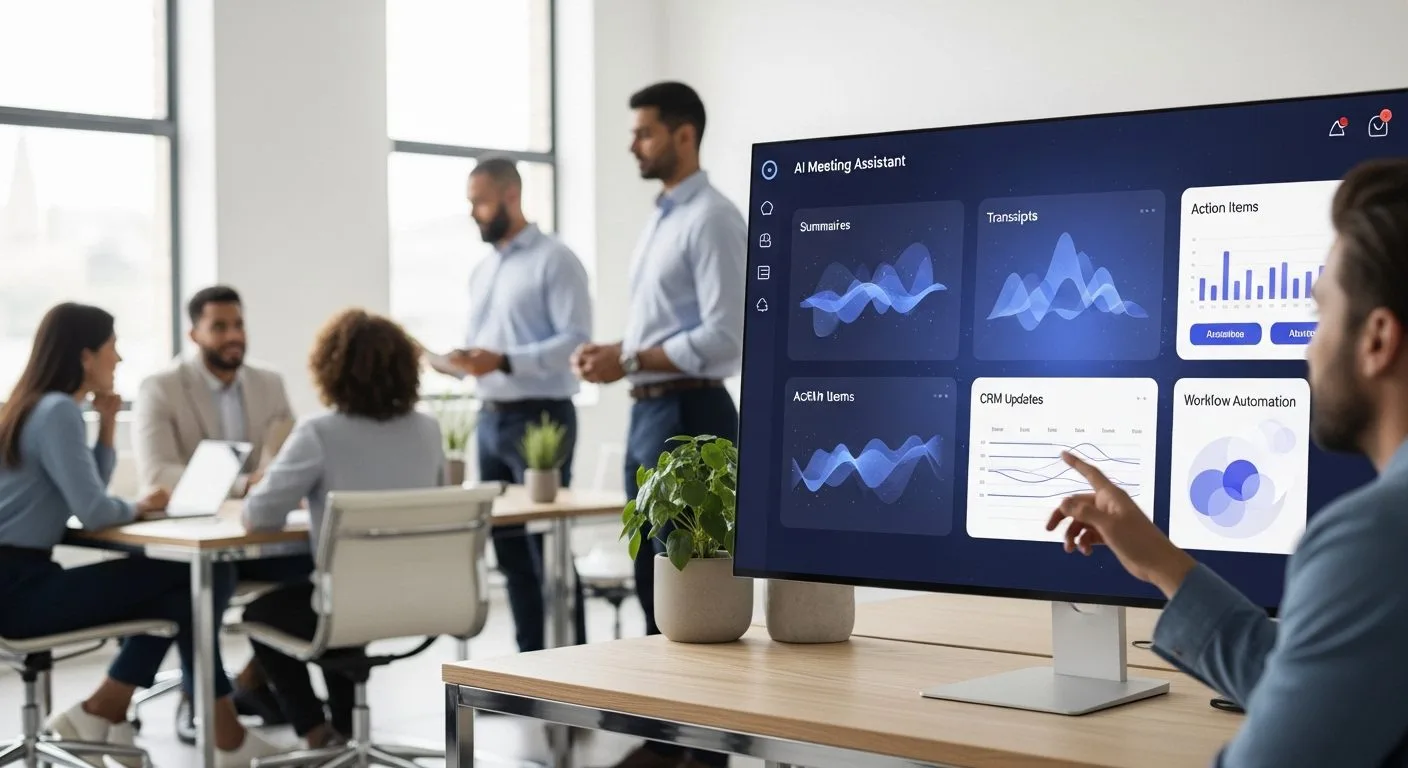 Fathom AI shown as an AI meeting assistant turning calls, notes, summaries, and action items into team workflow intelligence