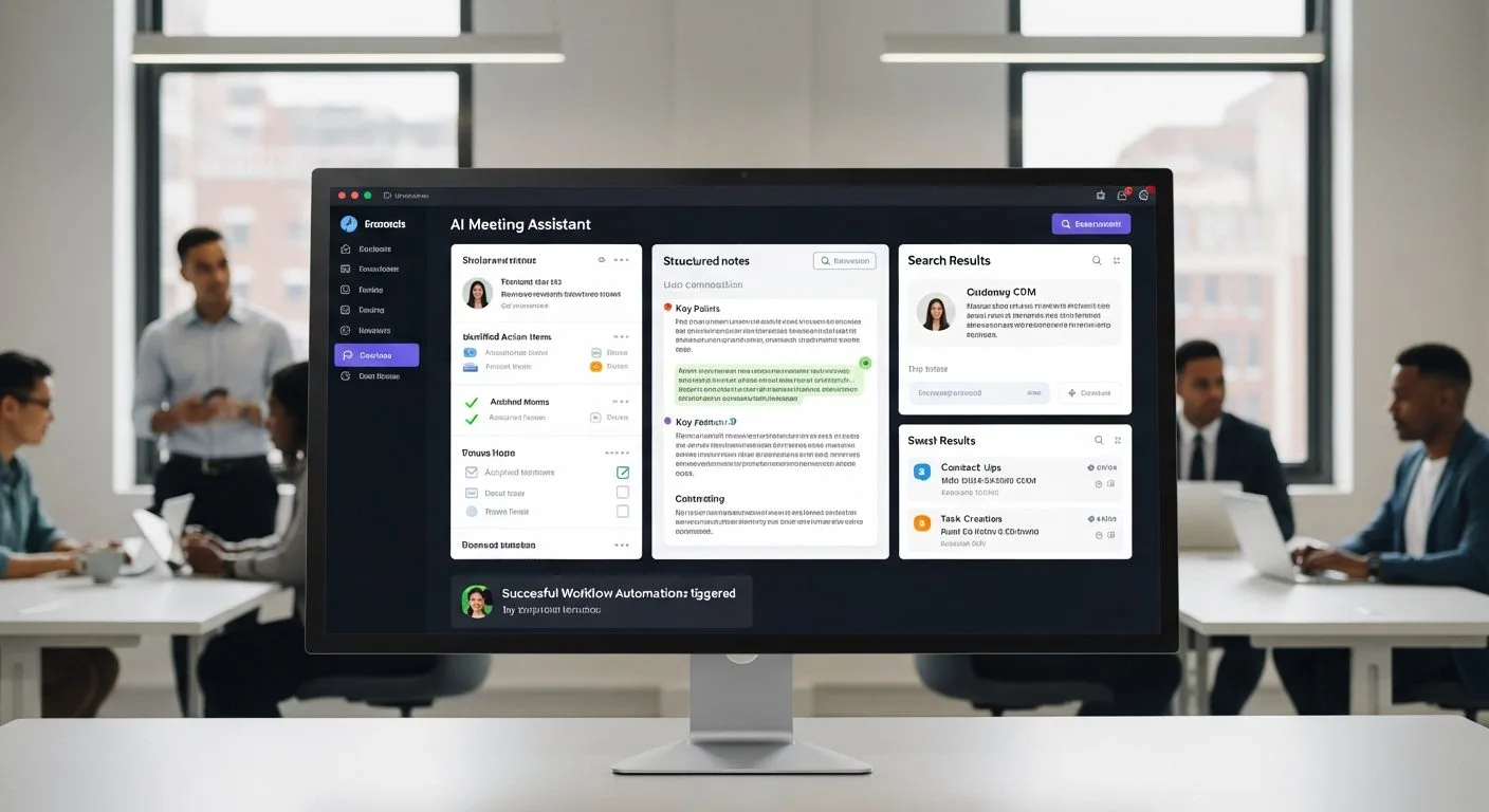 What is Circleback AI shown as an AI meeting assistant handling notes, action items, no-bot recording, search, and workflow automations across team tools