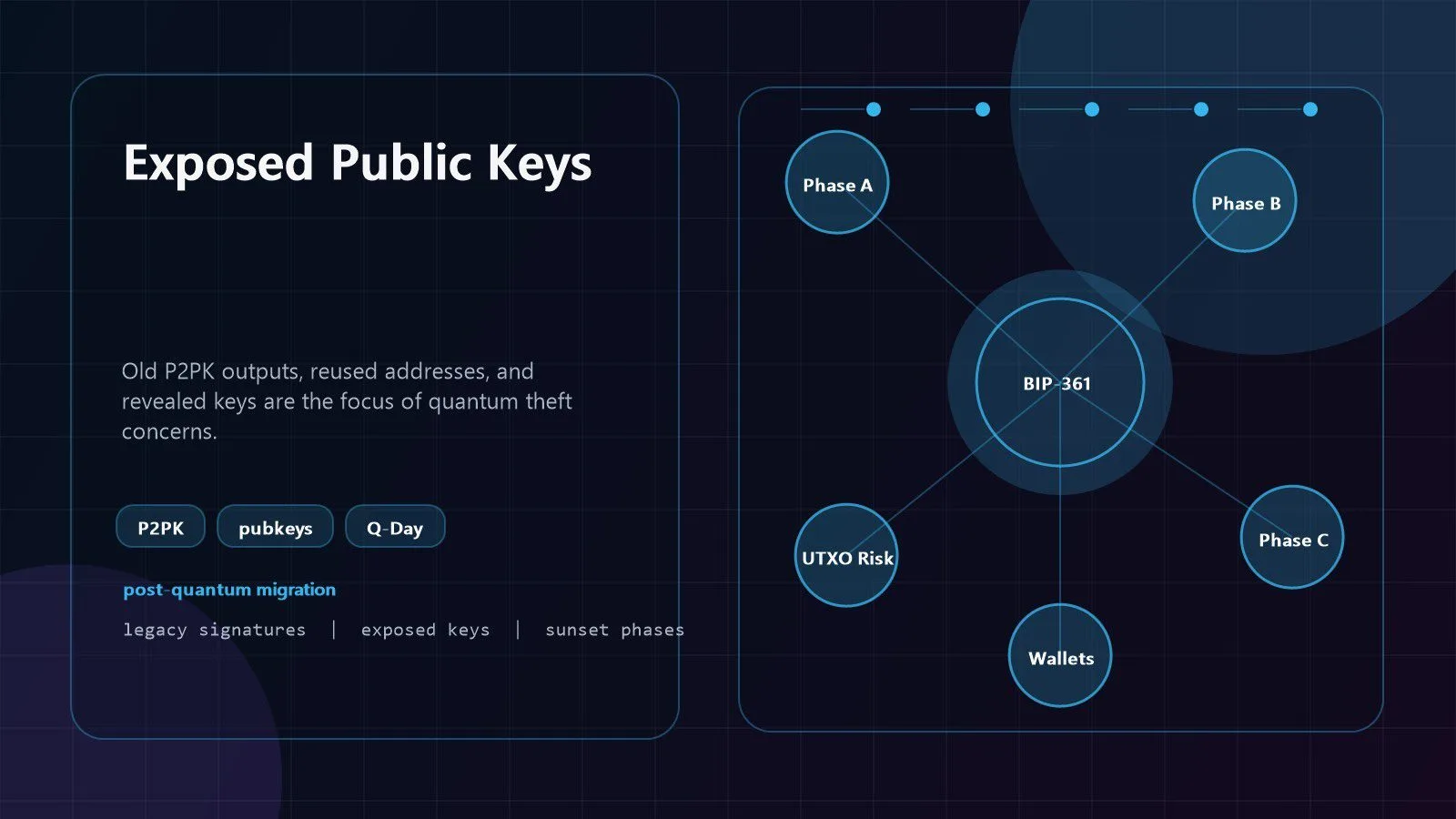 BIP-361: 7 Crucial Facts About Bitcoin Quantum Risk 10 BIP-361 quantum vulnerable Bitcoin keys visual with exposed public keys and old outputs