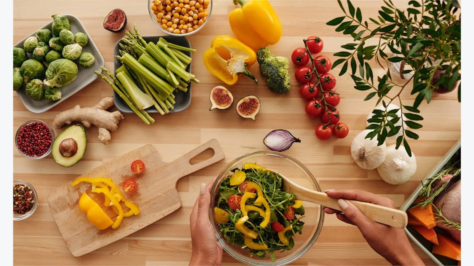 CalBye Review: 9 Smart Features for Better Nutrition 12 CalBye meal tracking concept with fresh ingredients arranged across a wide kitchen table