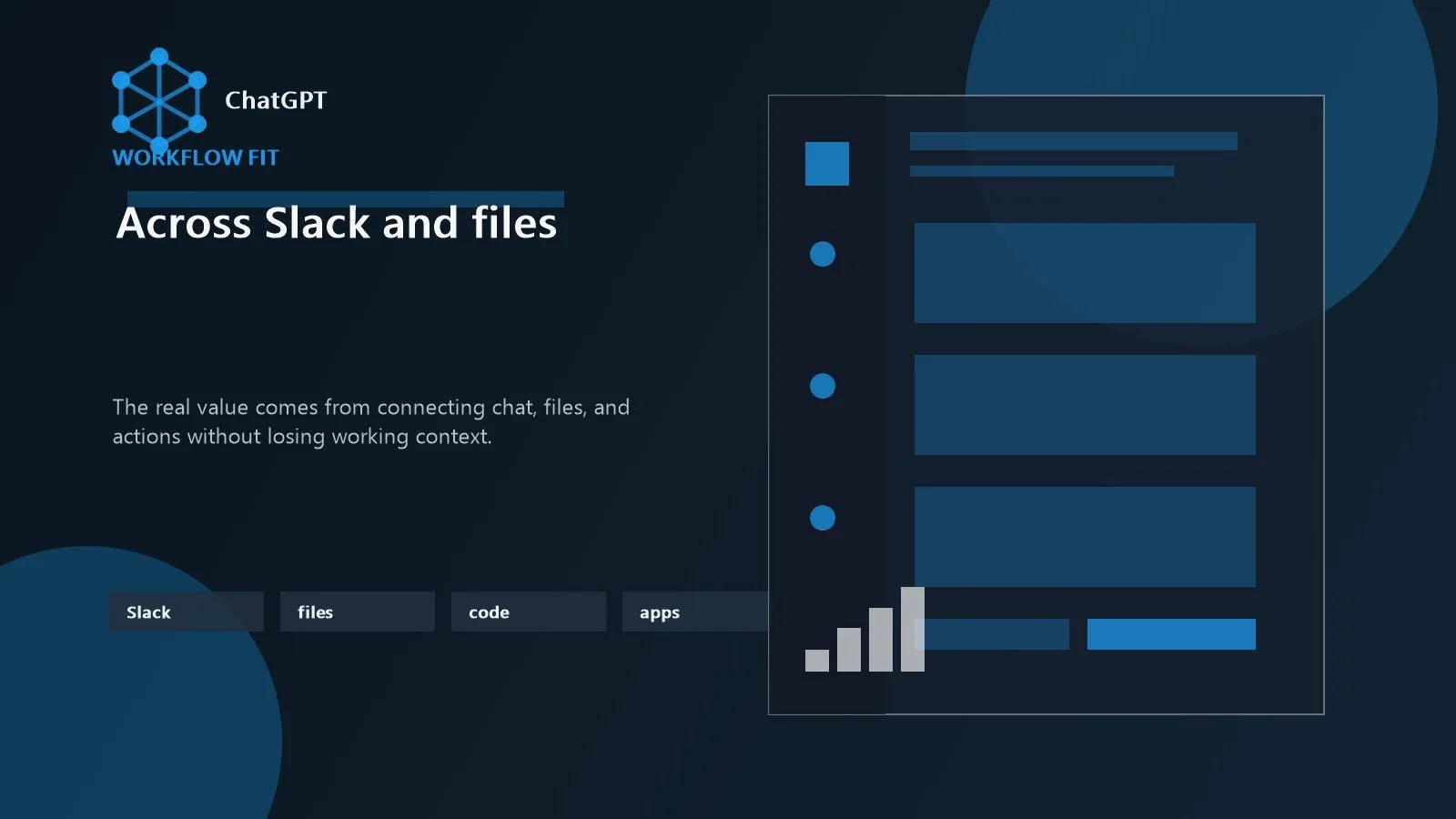 ChatGPT workspace automation visualized across Slack, files, code, and connected business tools