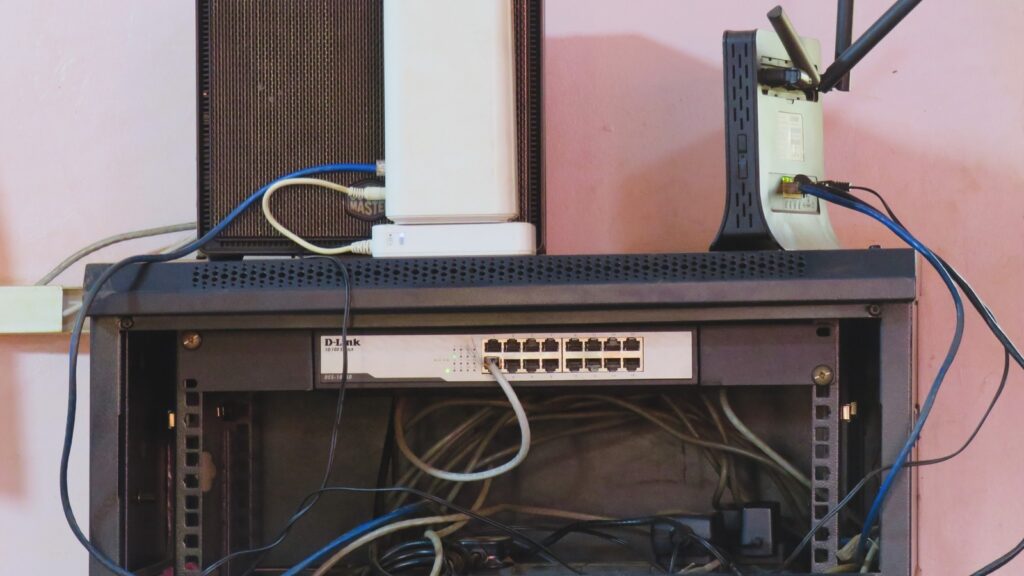 Power-Independent Infrastructure network rack with switch router and Ethernet cables