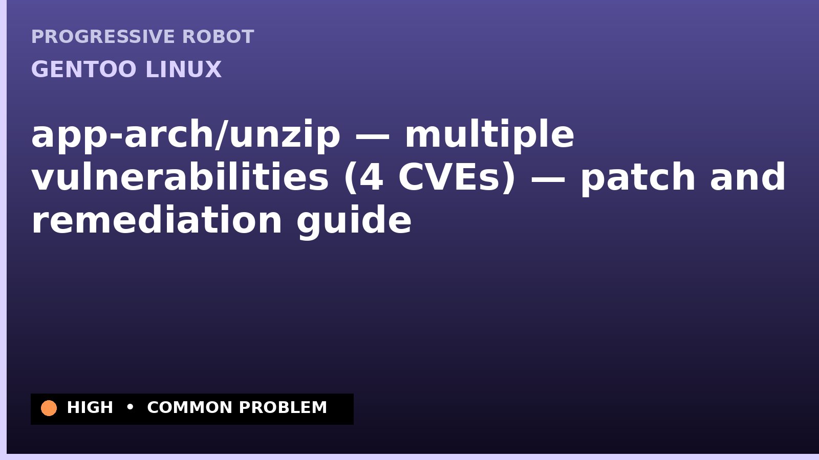 Gentoo Linux — app-arch/unzip — multiple vulnerabilities (4 CVEs) — patch and remediation guide — diagnosis and fix on Gentoo Linux