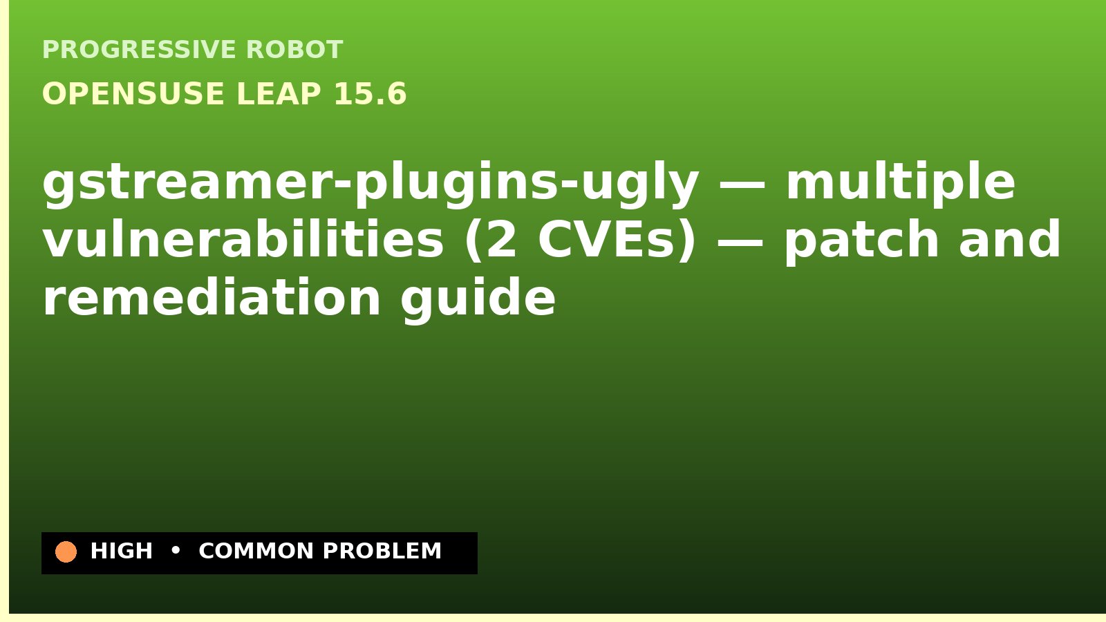 openSUSE Leap 15.6 — gstreamer-plugins-ugly — multiple vulnerabilities (2 CVEs) — patch and remediation guide — diagnosis and fix on openSUSE Leap 15.6