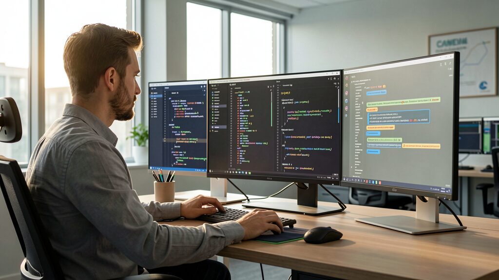 Developer working with AI-powered code editor and intelligent suggestions