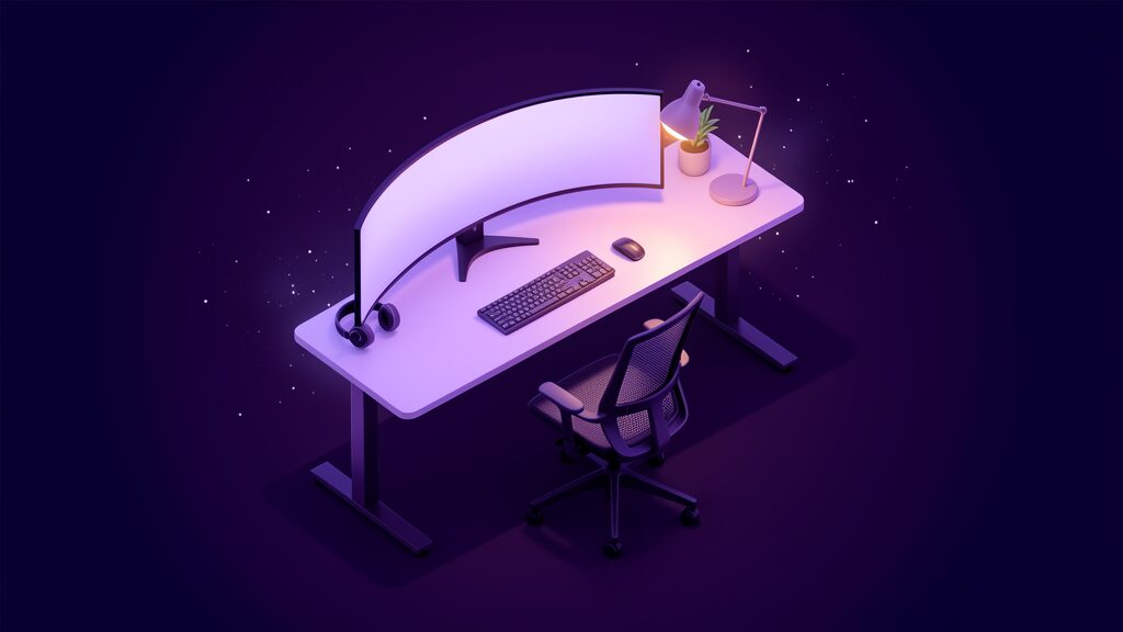 Personalized workspace with adjustable desk, dual monitors and ergonomic chair