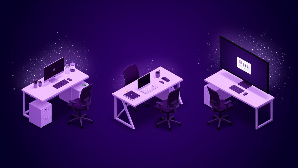 Three desk setups at different heights showing personalized workspace range