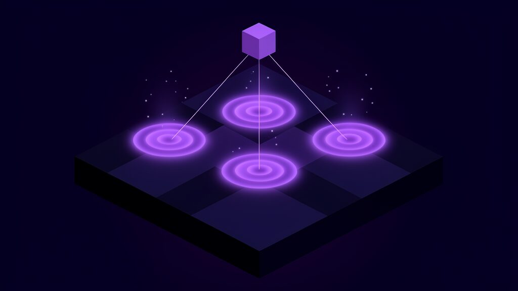 Three soft glowing blooms rising from unlit terrain with a hovering pod tracing lines to each, thermal sensing locating warmth accurately in total darkness