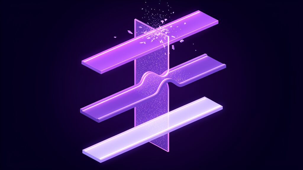 Three parallel light channels crossing a drifting particle band, one shattered, one bent and one intact, sensor modalities corrupted unevenly by smoke