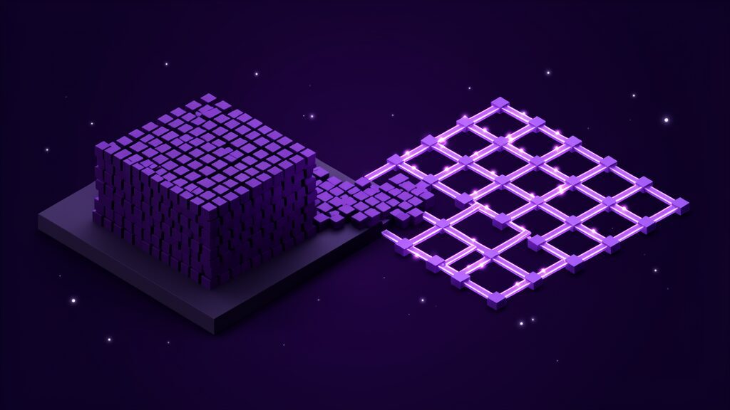 A dense packed mass of identical dark blocks on the left reorganising into a wide open lattice of connected bright channels on the right, a closed operating model becoming a frontier workplace