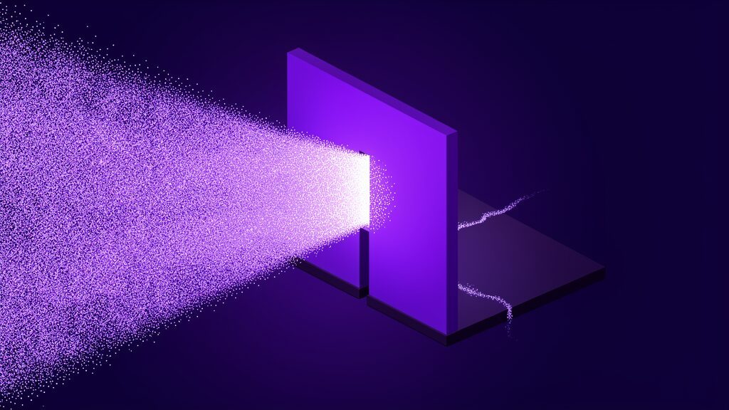 A wide powerful stream of particles meeting a solid wall pierced by one narrow slot with only a thin trickle continuing beyond it, workforce readiness constrained by a single organisational opening