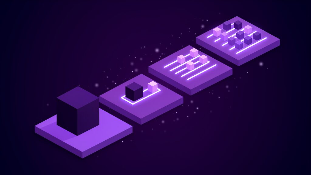 Four ascending platforms carrying one static block, then a block beside one travelling cube, then three and then six cubes on parallel tracks, the four stages of business AI adoption