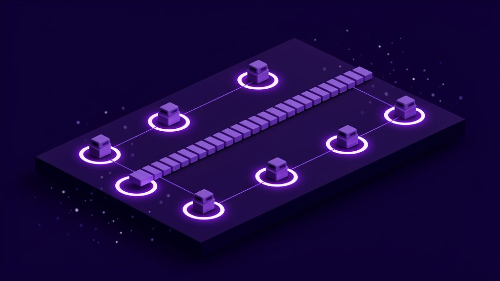 Small forms each encircled by its own bright ring and threaded back to a central segmented spine, every agent bound to a governed identity and a single register