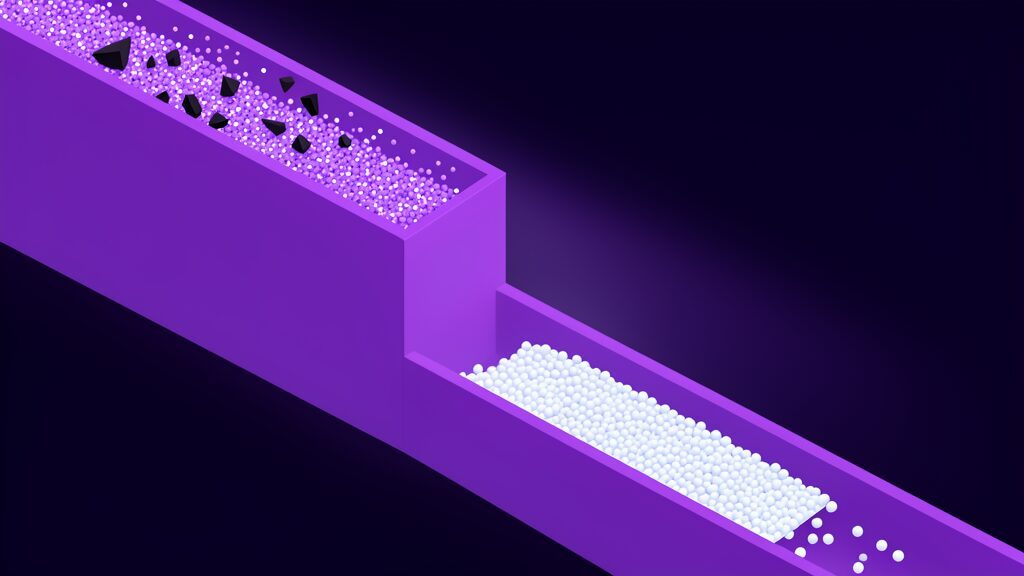 Two parallel enclosed channels separated by one unbroken wall, the upper carrying a mixed stream with dark fragments and the lower carrying only clean particles, reading untrusted content kept apart from taking action