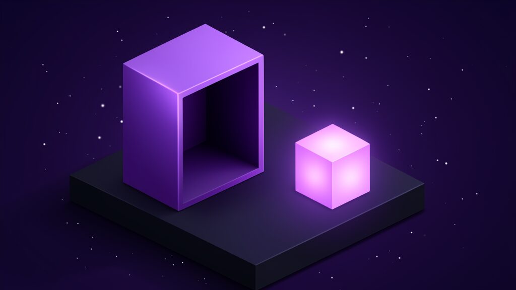 A very large hollow open cube beside a much smaller solid brightly glowing cube on the same platform, polished output with nothing inside it next to a small piece of real substance