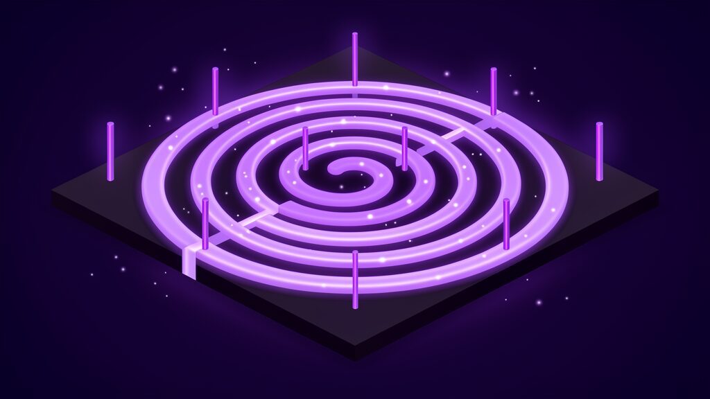 One glowing channel spiralling outward in four turns each wider and brighter than the last with eight upright markers where it crosses, a deployment loop compounding on each repeat