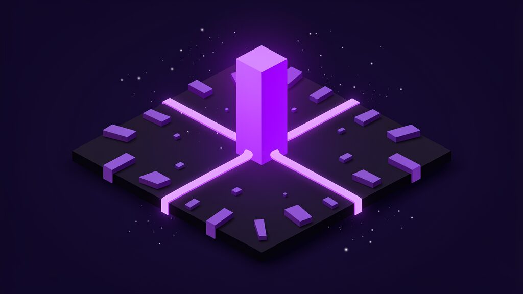Many small dull slabs scattered across the outer edges of a dark platform, each joined to a glowing channel curving inward to a single tall bright block standing alone at the centre, dozens of separate Copilot surfaces converging into one client