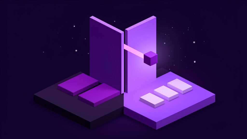 One dark platform divided down the middle by a tall solid wall, a dull half holding matte slabs and a bright half holding glowing ones, with a single small cube crossing a narrow slot in the wall on a thin beam of light, the consumer and commercial boundary inside a single app