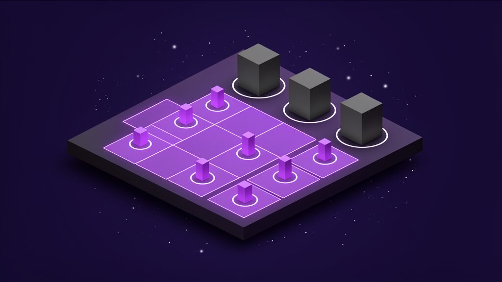 A precise glowing grid with one small upright solid standing inside its own ring of light at the centre of each square, and beyond the grid a loose row of unlit solids with no rings beneath them, governed agent identities beside unregistered ones