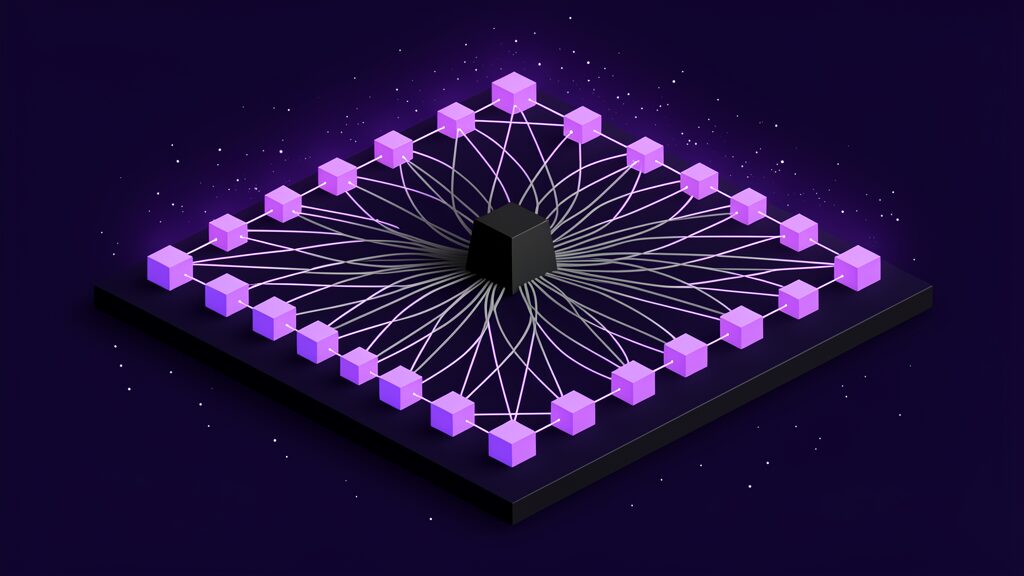 A wide connected lattice of glowing solids joined by bright threads with one matte black angular solid among them, dull threads spreading outward and dimming the nearest solids first, the blast radius of an injection against a consolidated assistant