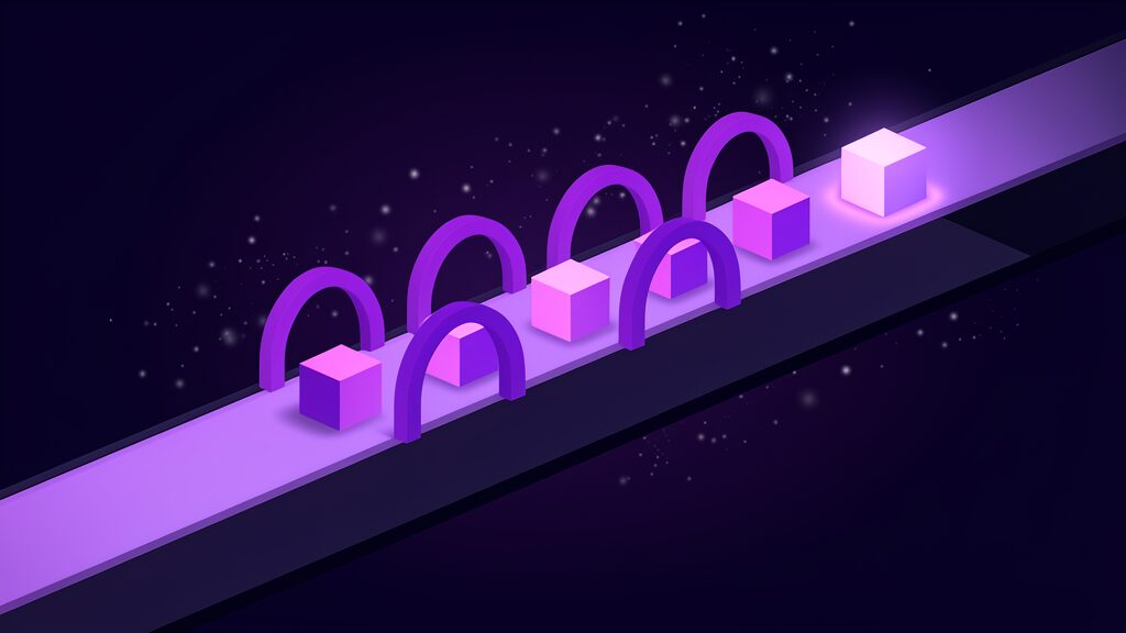 Small cubes resting one after another along a single glowing channel that runs beneath a row of solid arches, each cube brighter than the one before it and the last cube glowing brilliantly beyond the final arch, a staged readiness sequence with a gate at every step