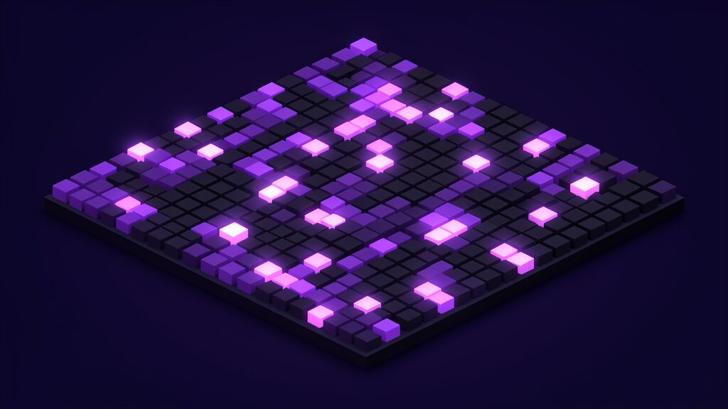 AI disclosure illustrated as an even field of identical cubes on a dark platform with a scattered third of them glowing brilliantly, the same systems as before with only some of them now announcing themselves