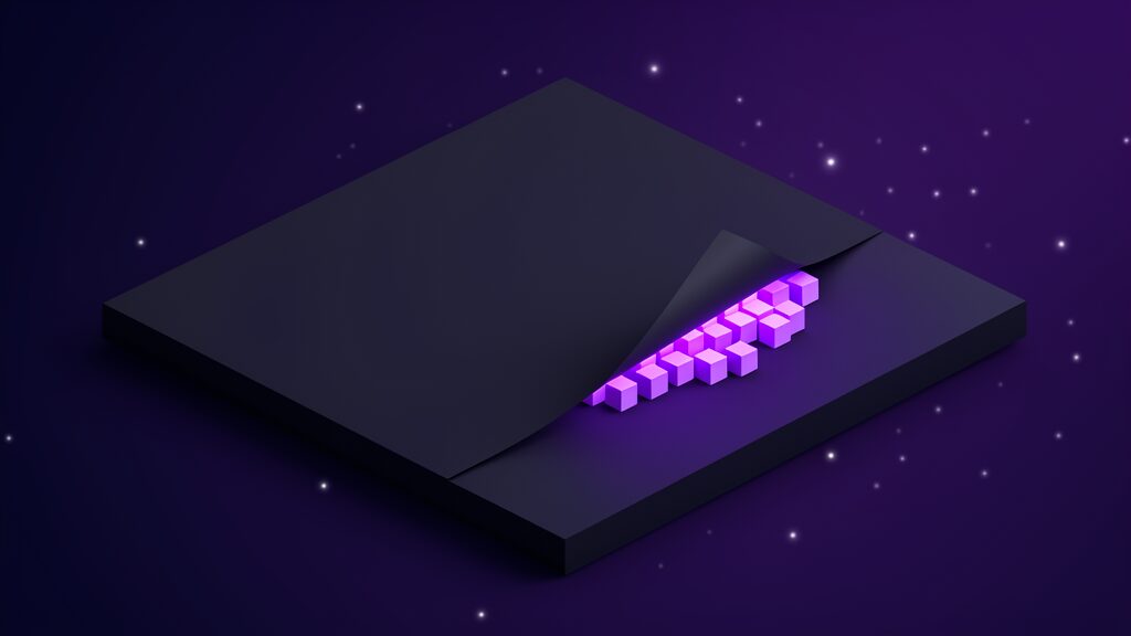 Everyday AI hidden in plain sight before AI disclosure, a matte opaque sheet covering a dark platform with one corner lifted and folded back to reveal identical cubes glowing brilliantly underneath