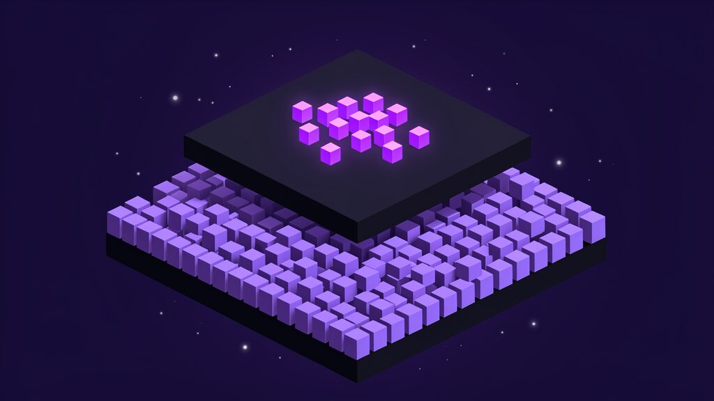 The limits of AI disclosure shown as a cutaway platform, a small handful of brightly lit cubes on the top surface above a far larger mass of identical unlit cubes filling the space beneath it