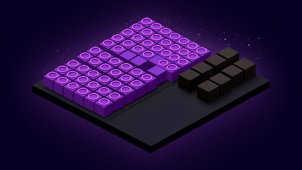 An AI disclosure inventory shown as identical cubes in even rows on a dark platform, nearly every cube carrying a thin upright glowing ring and a small cluster at one edge sitting bare and unlit