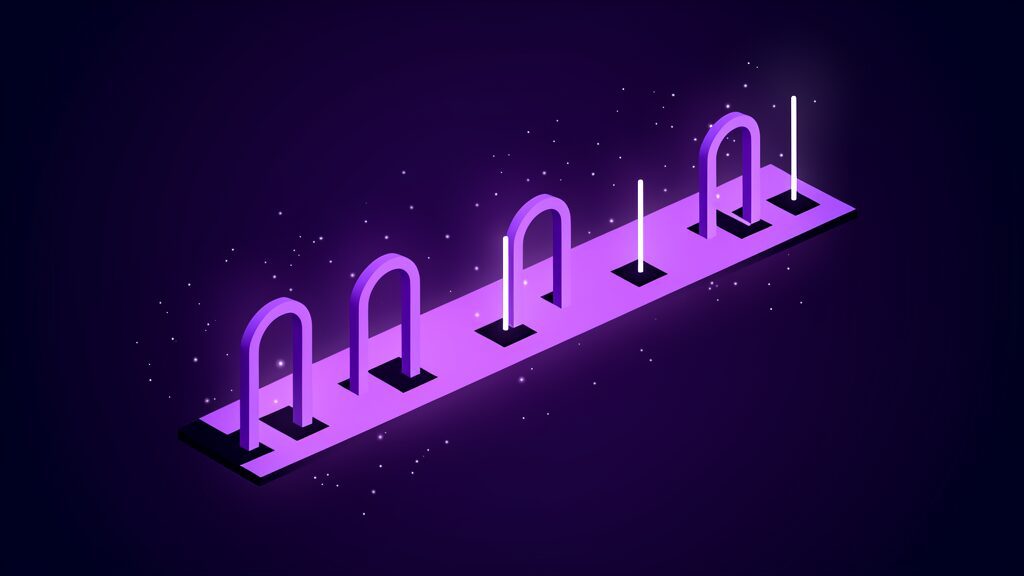 One continuous beam of light crossing five archways with a measurement marker rising at each, ESG metrics captured at five stages of the IT asset lifecycle
